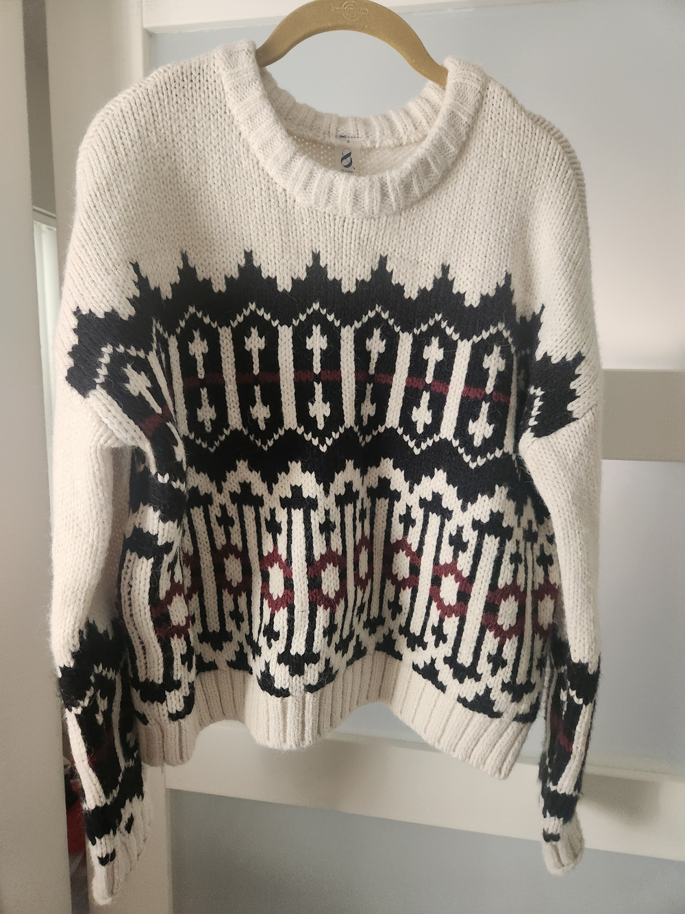Lou & Grey Ivory Fair Isle Crewneck Sweater with Black and Burgundy Accents